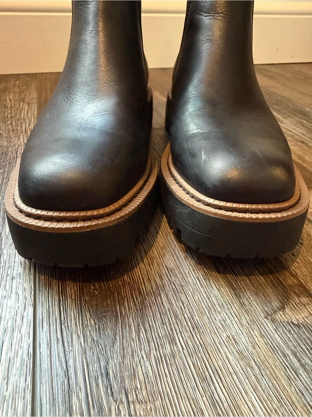 Sam Edelman Black Leather Chelsea Lug Booties with Brown Welt